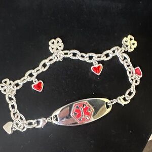 DIABETIC Silver and Red Charm Bracelet